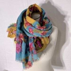 Vintage Woolmark Pure New Wool Yellow Blue Floral Scarf Wrap